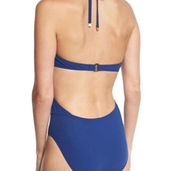 NWT Tory Burch Solid Wrap-front One-piece Swimsuit In Capri Blue size Medium - Picture 2 of 7